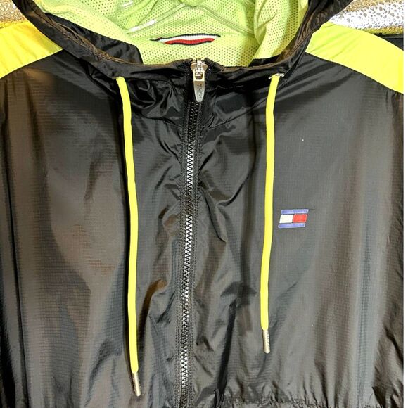 Hilfiger Windbreaker Lined Wm Sz M Navy Blue & Neon Yellow Accents Soft Fabric - Picture 14 of 16